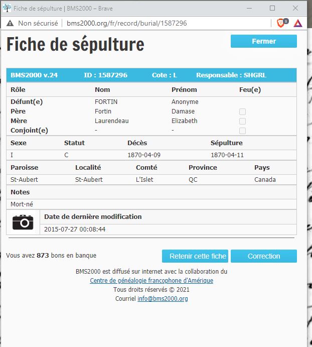 Fiche de sépulture de la base de données BMS2000 Fiche de sépulture de la base de données BMS2000