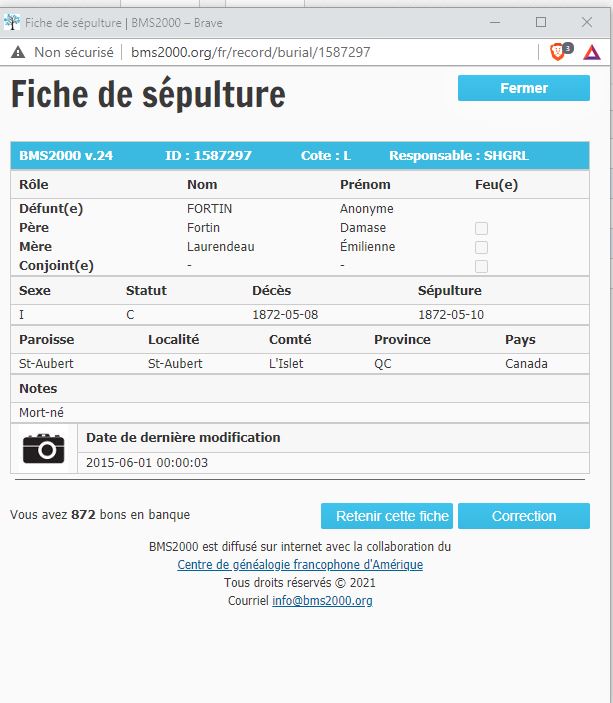 Fiche de sépulture de la base de données BMS2000 Fiche de sépulture de la base de données BMS2000