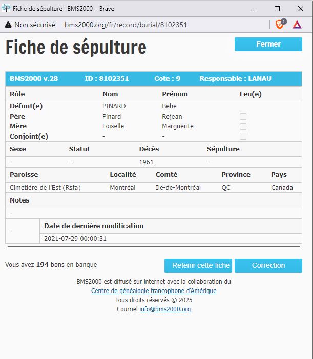 Fiche de sépulture de la base de données BMS2000
