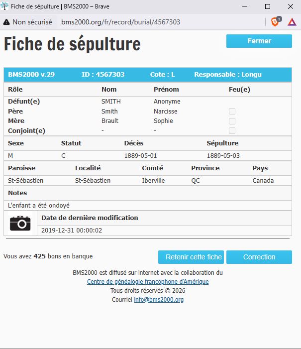 Fiche de sépulture de la base de données BMS2000