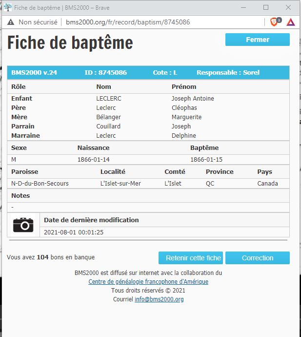 Fiche de baptême de la base de données BMS2000