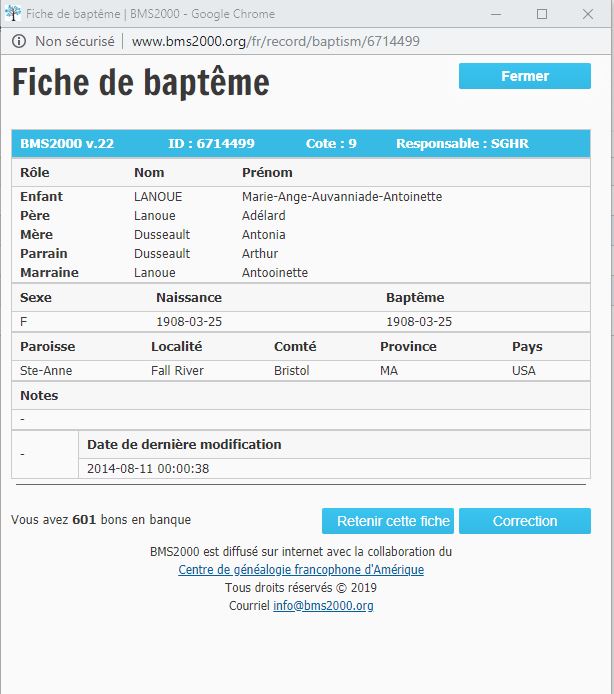 Fiche de baptême de la base de données BMS2000