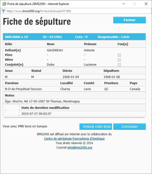 Fiche de sépulture de la base de données BMS2000