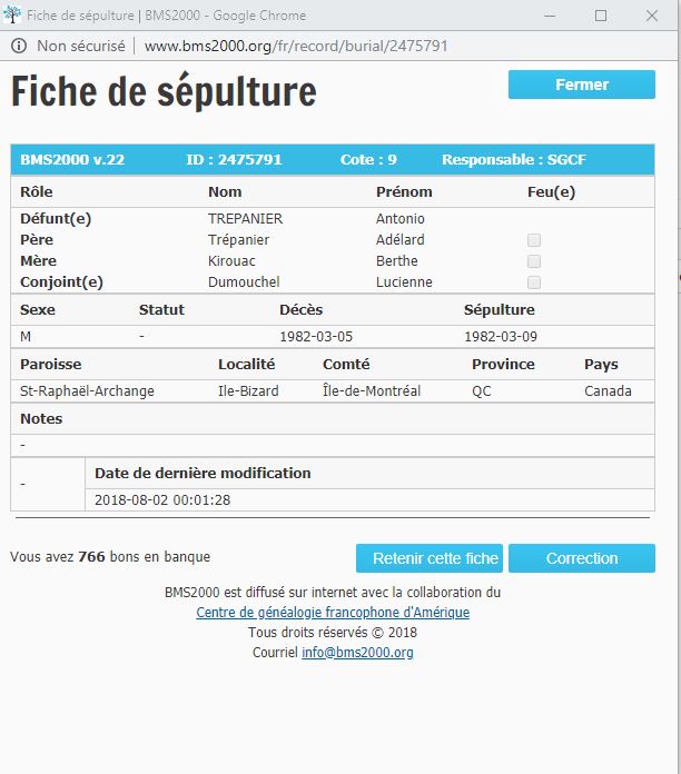 Fiche de sépulture de la base de données BMS2000