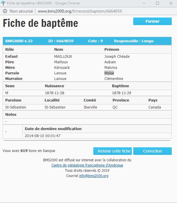 Fiche de baptême de la base de données BMS2000