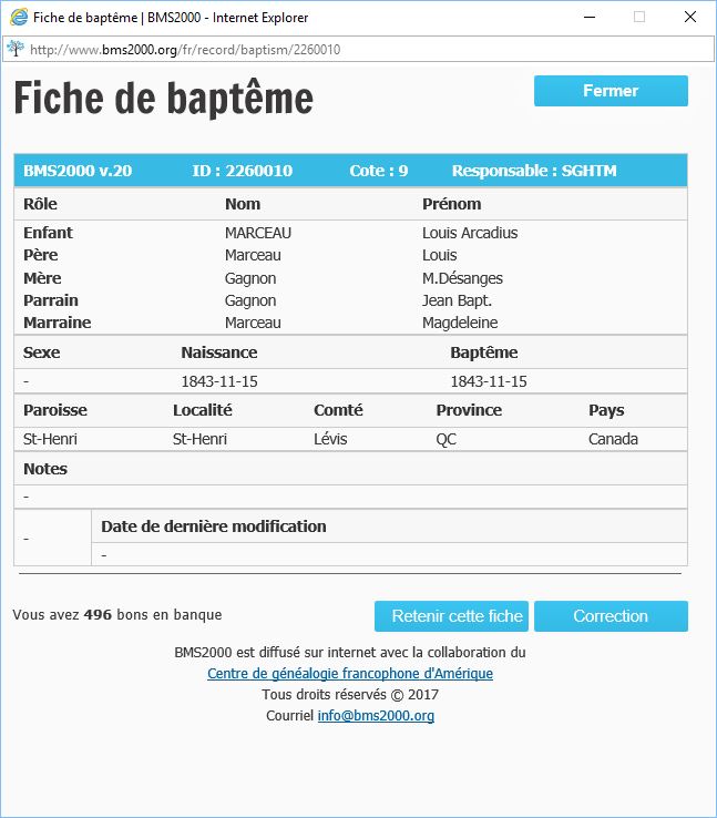 Fiche de baptême de la base de données BMS2000