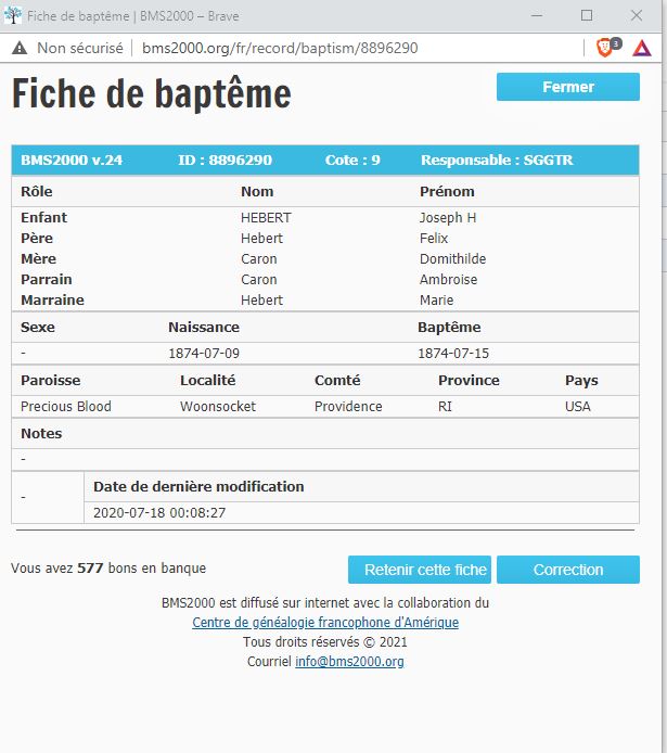 Fiche de baptême de la base de données BMS2000