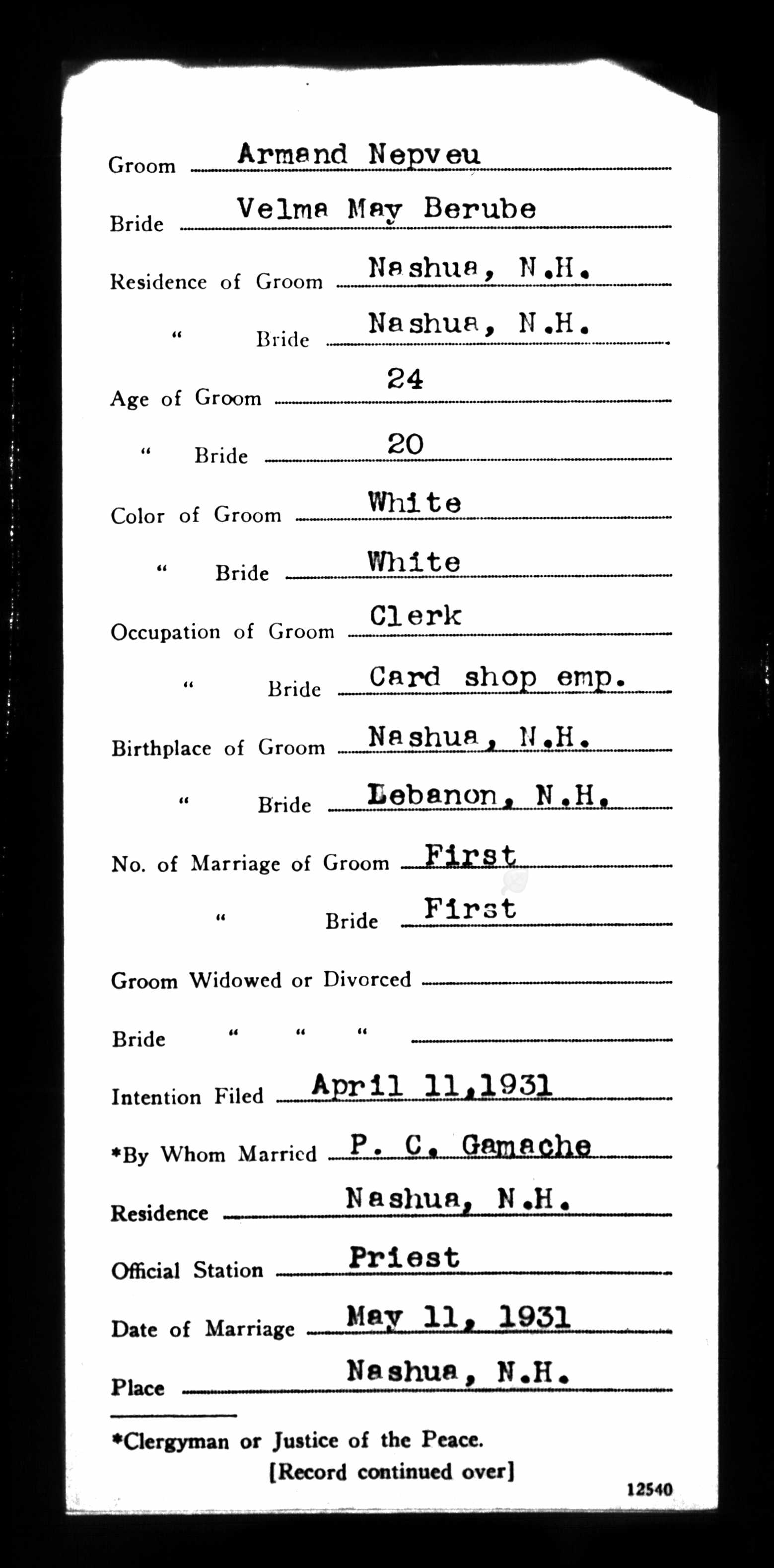 Enregistrement du mariage, recto