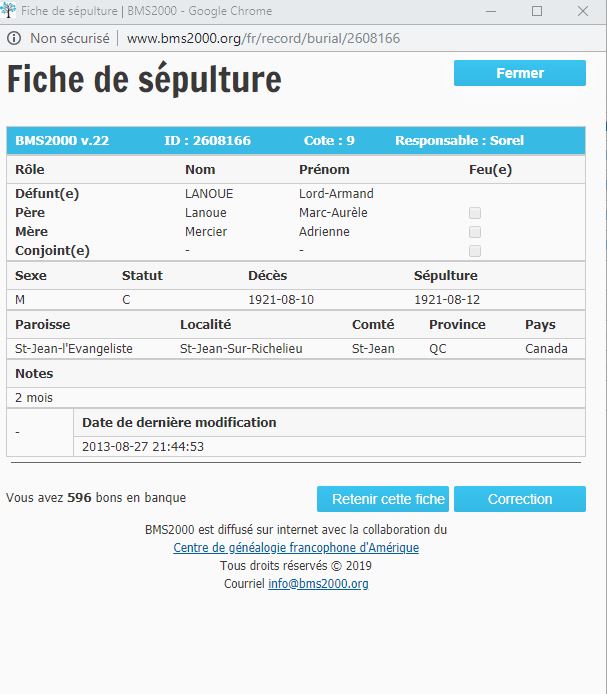 Fiche de sépulture de la base de données BMS2000