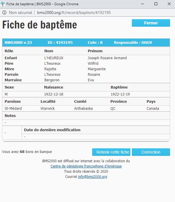 Fiche de baptême de la base de données BMS2000
