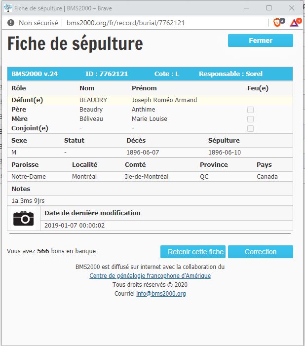 Fiche de sépulture de la base de données BMS2000