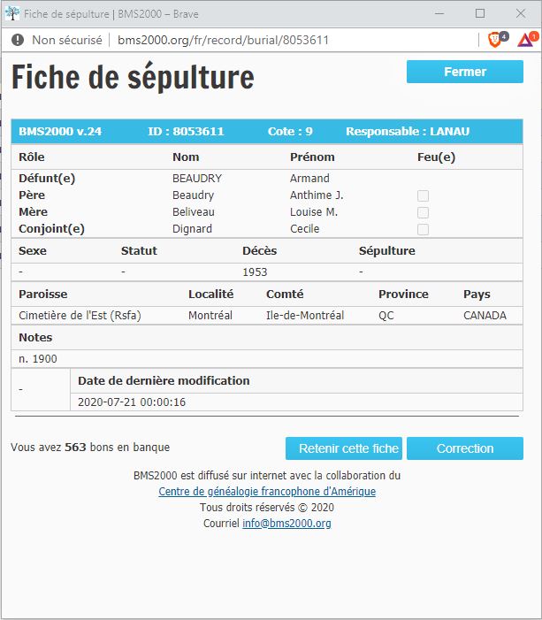 Fiche de sépulture de la base de données BMS2000