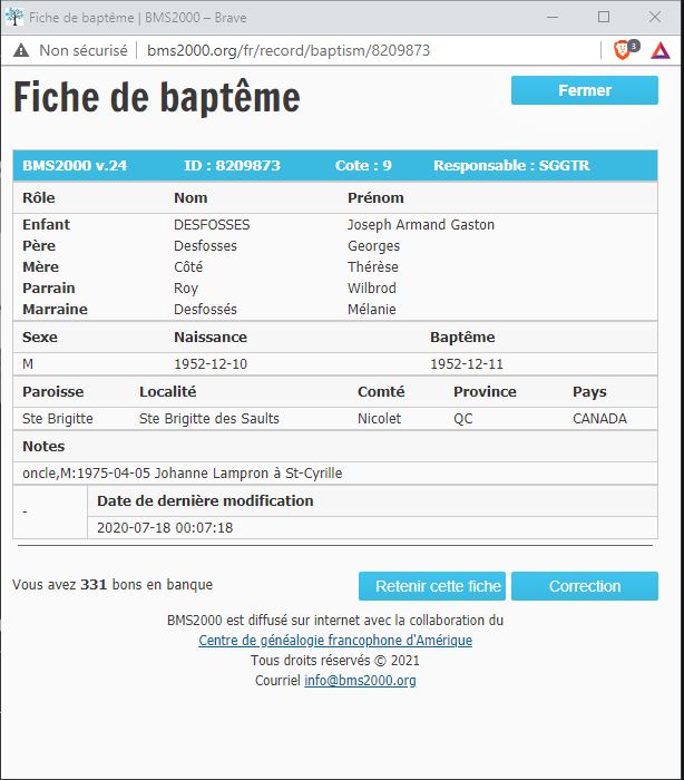 Fiche de baptême de la base de données BMS2000