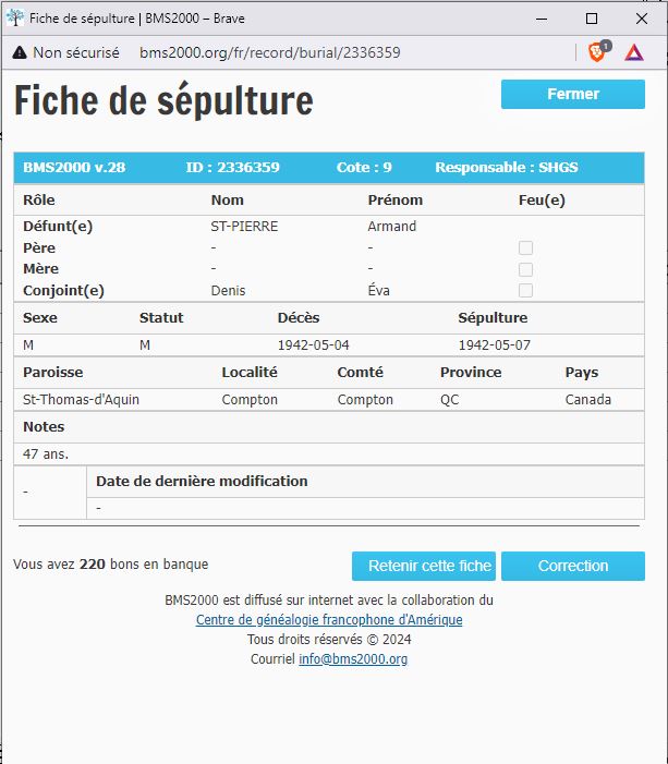 Fiche de sépulture de la base de données BMS2000