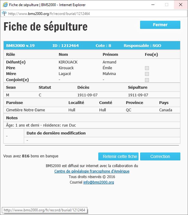 Fiche de sépulture de la base de données BMS2000
