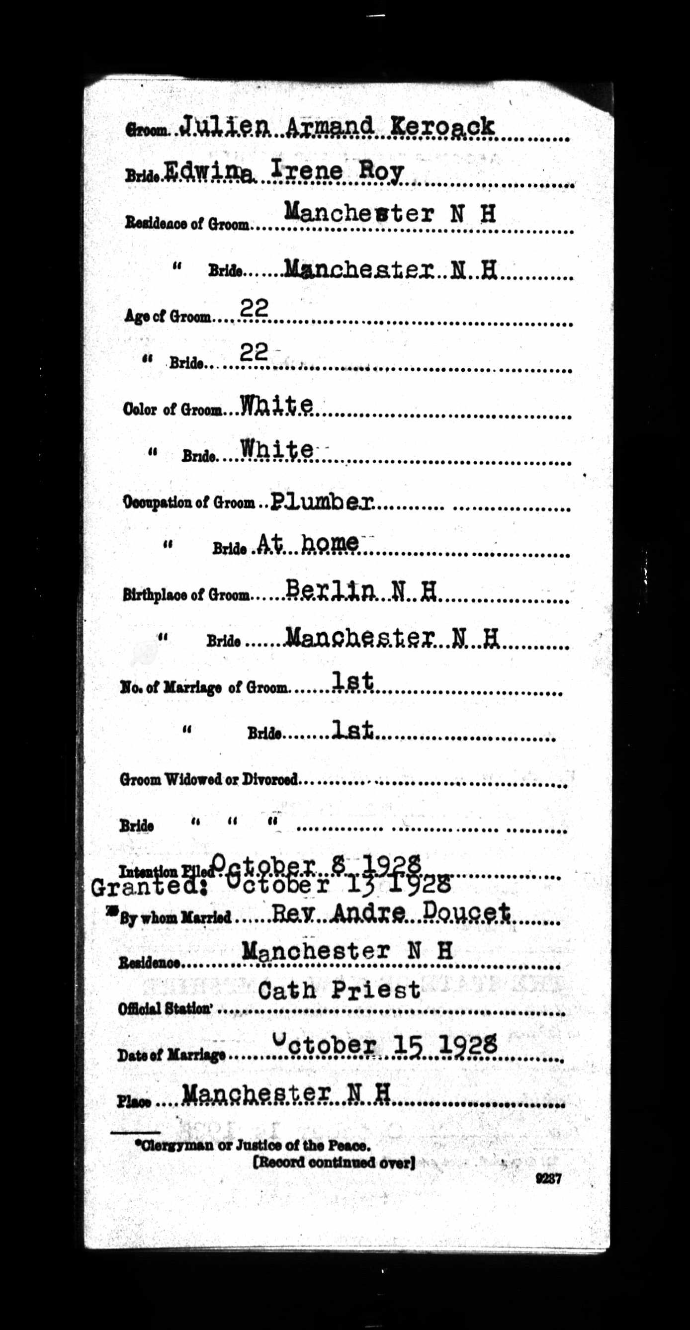 Enregistrement du mariage, recto
