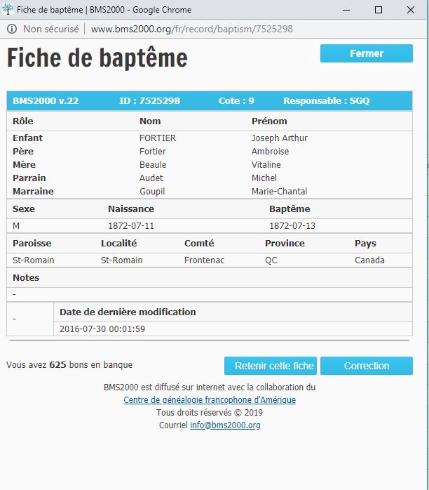 Fiche de baptême de la base de données BMS2000 Fiche de baptême de la base de données BMS2000