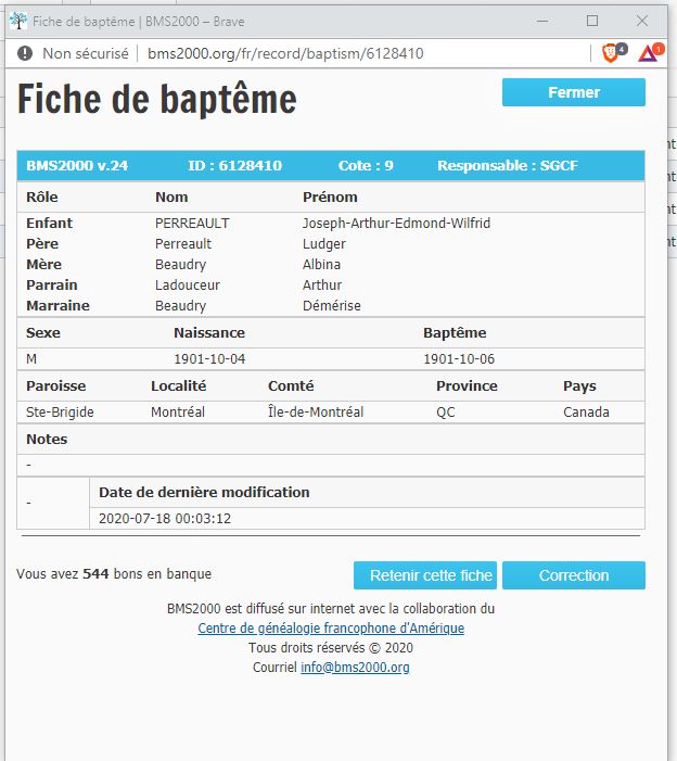 Fiche de baptême de la base de données BMS2000