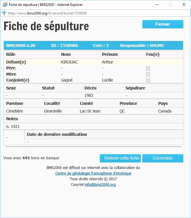Fiche de sépulture de la base de données BMS2000