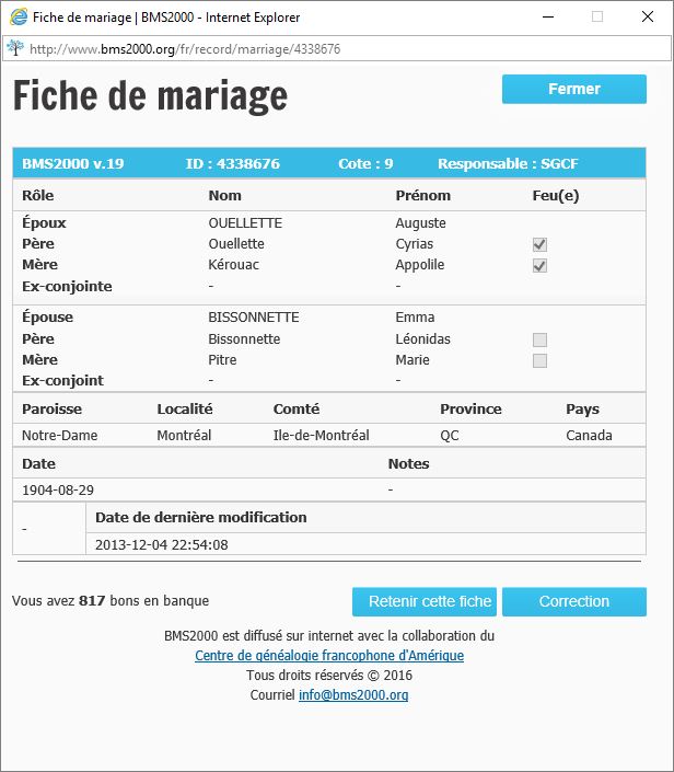 Fiche de mariage de la base de données BMS2000