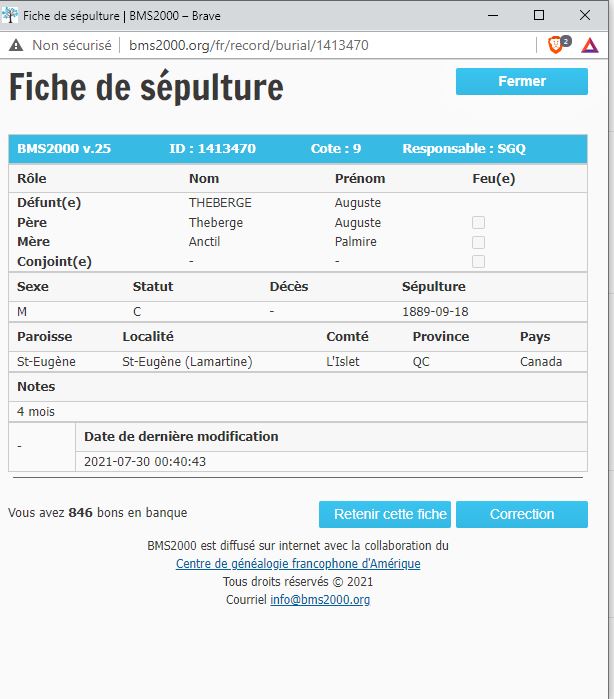 Fiche de sépulture de la base de données BMS2000