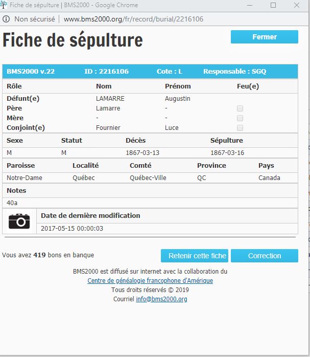 Fiche de sépulture de la base de données BMS2000 Fiche de sépulture de la base de données BMS2000