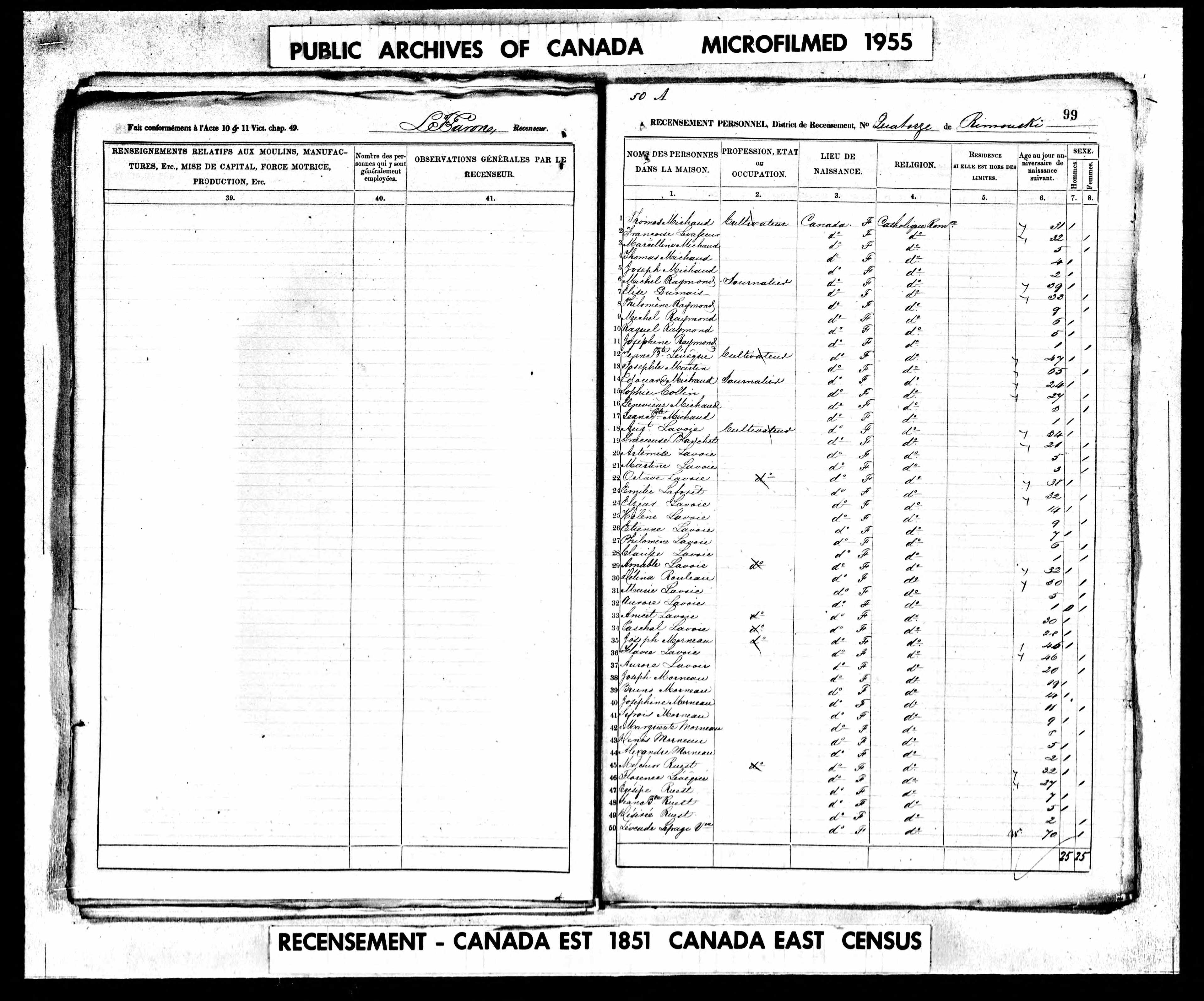 Recensement canadien 1851