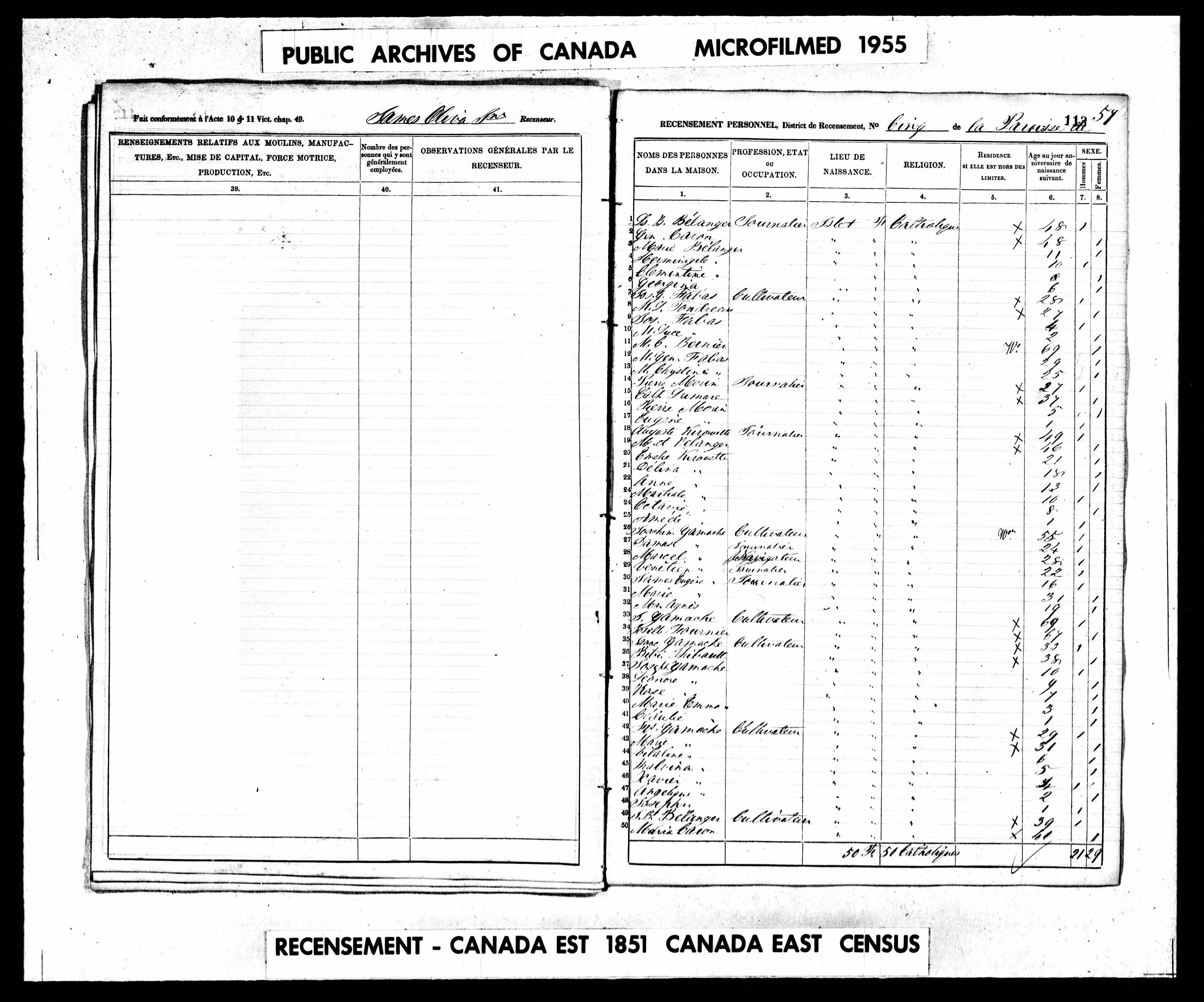 Recensement canadien 1851