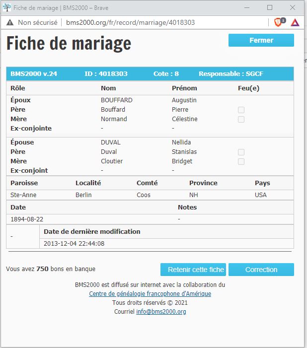 Fiche de mariage de la base de données BMS2000 Fiche de mariage de la base de données BMS2000