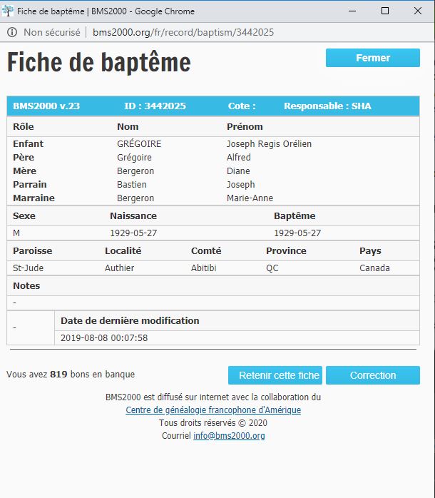 Fiche de baptême de la base de données BMS2000