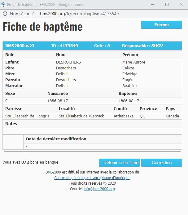 Fiche de baptême de la base de données BMS2000