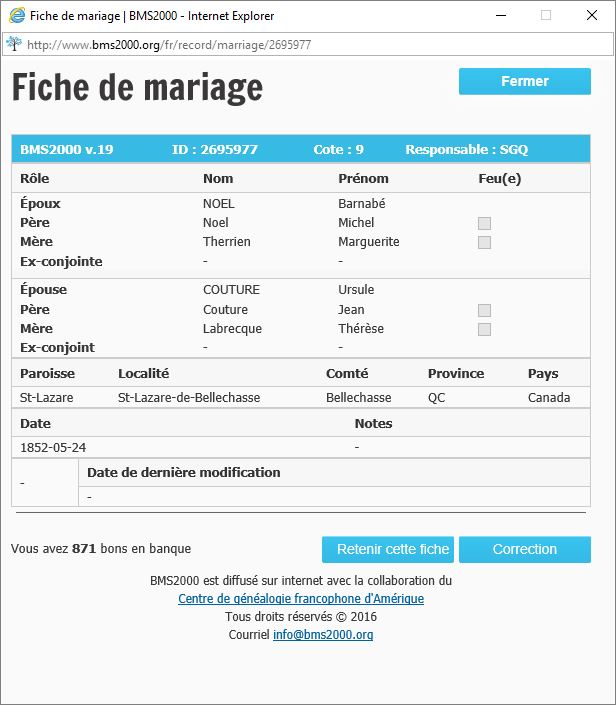 Fiche de mariage de la base de données BMS2000 Fiche de mariage de la base de données BMS2000