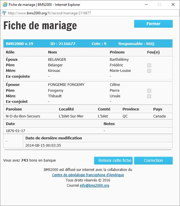 Fiche de mariage de la base de données BMS2000