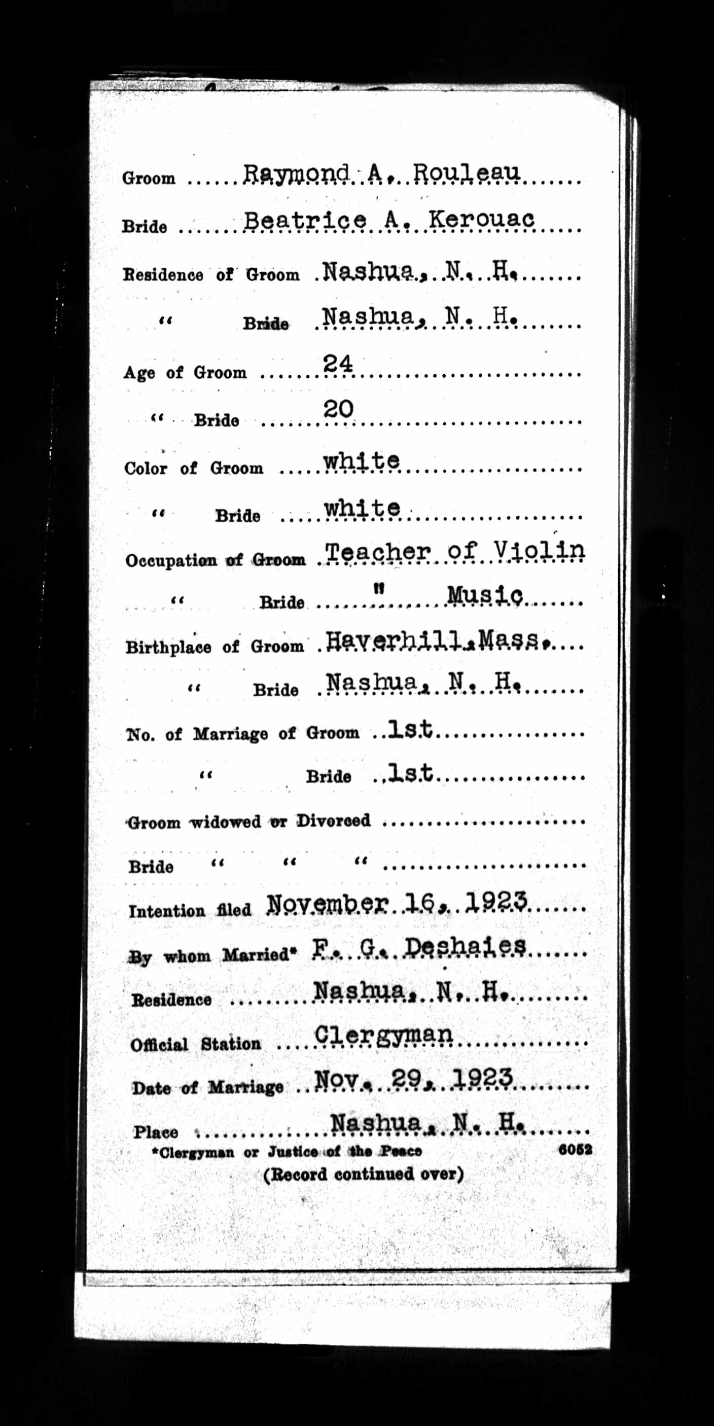 Enregistrement du mariage, recto