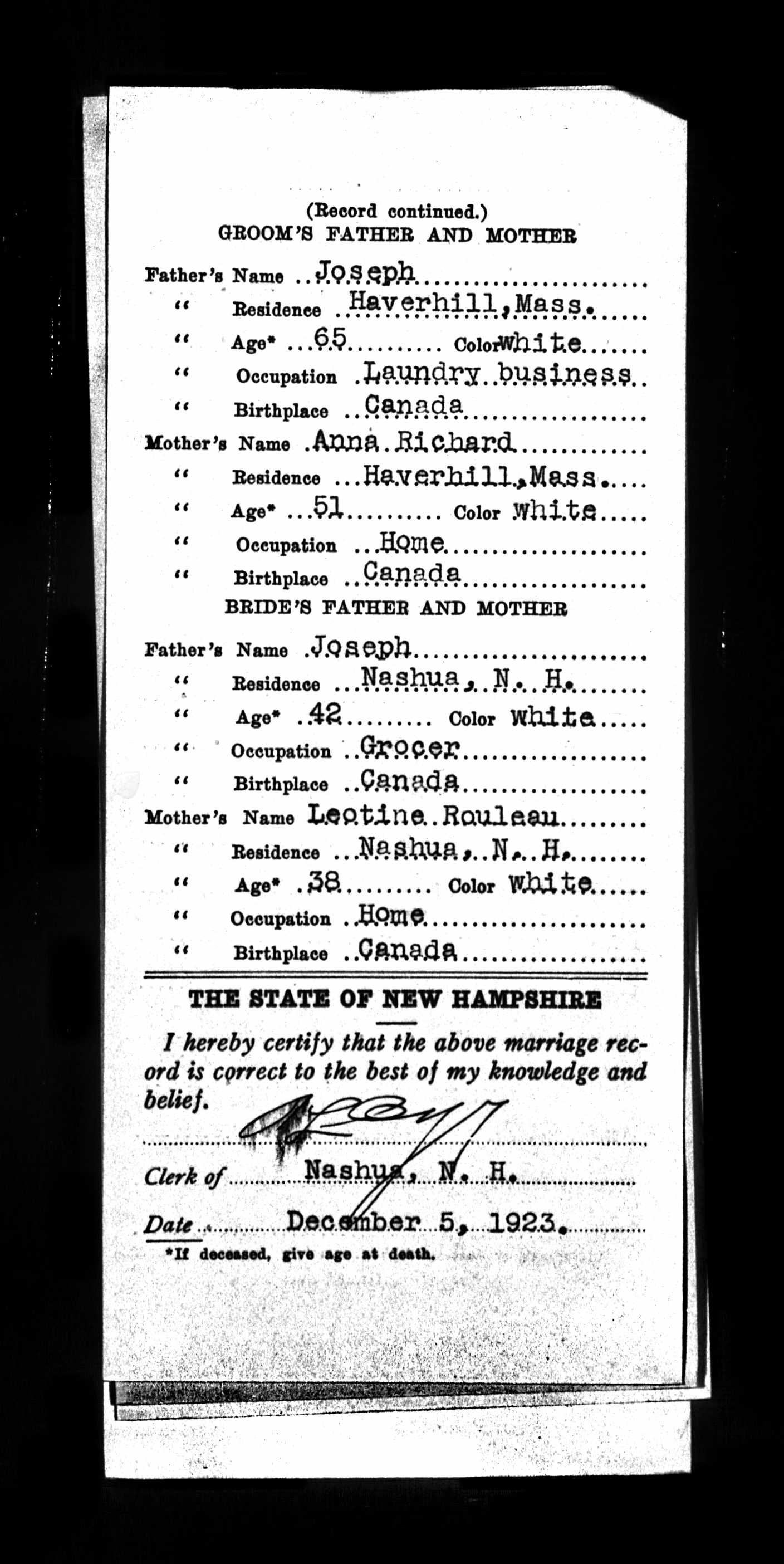 Enregistrement du mariage, verso