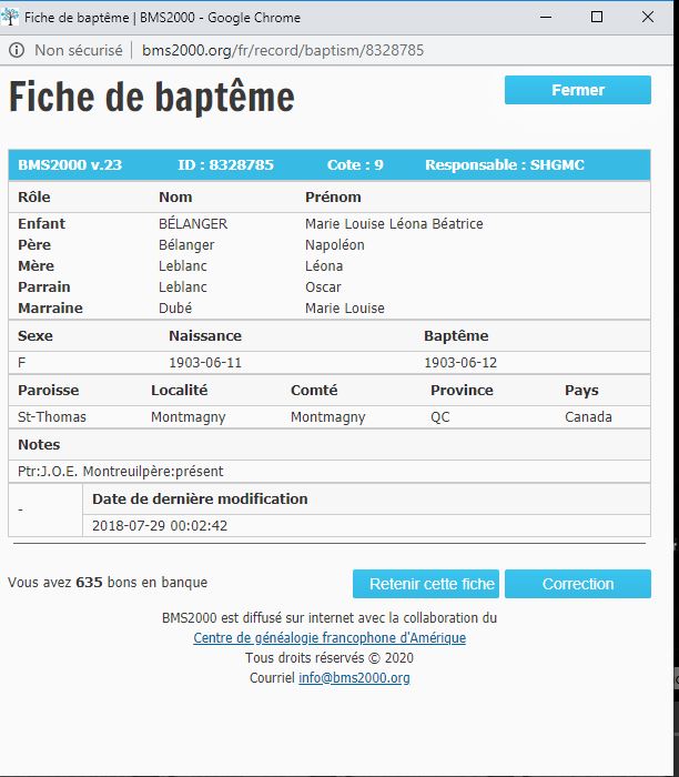 Fiche de baptême de la base de données BMS2000