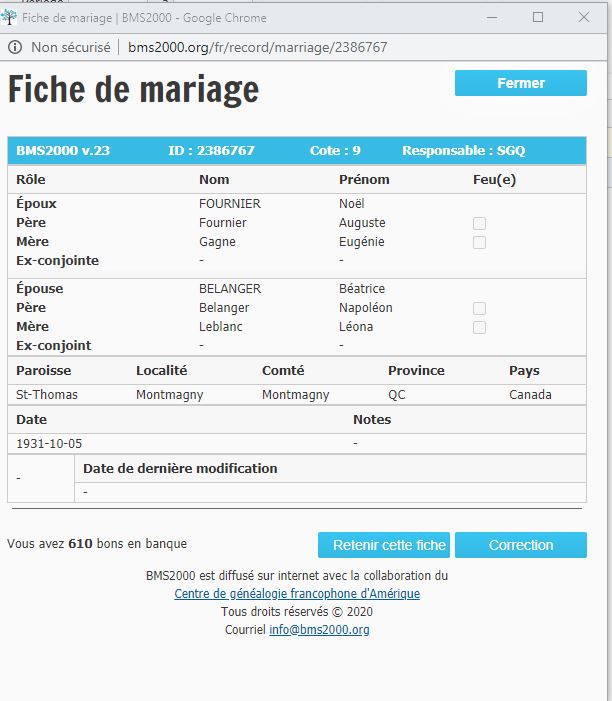 Fiche de mariage de la base de données BMS2000