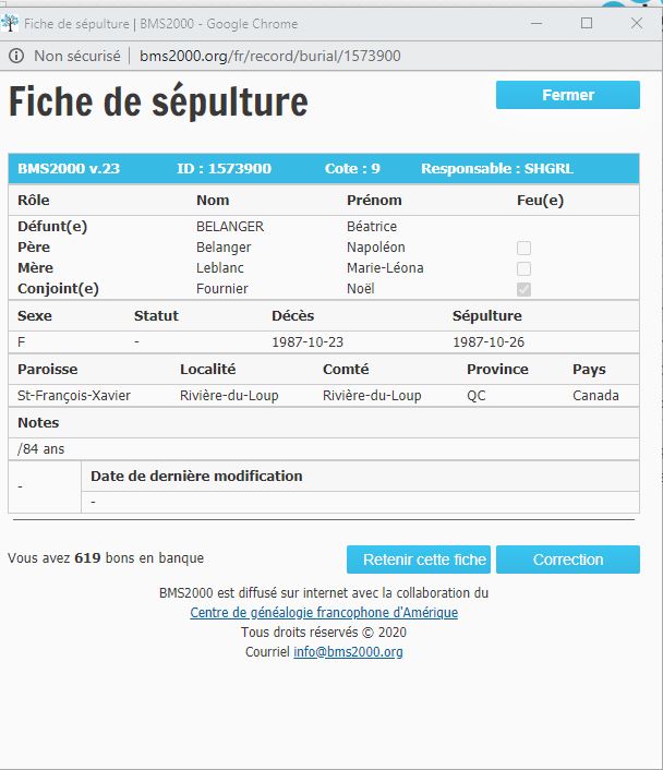 Fiche de sépulture de la base de données BMS2000