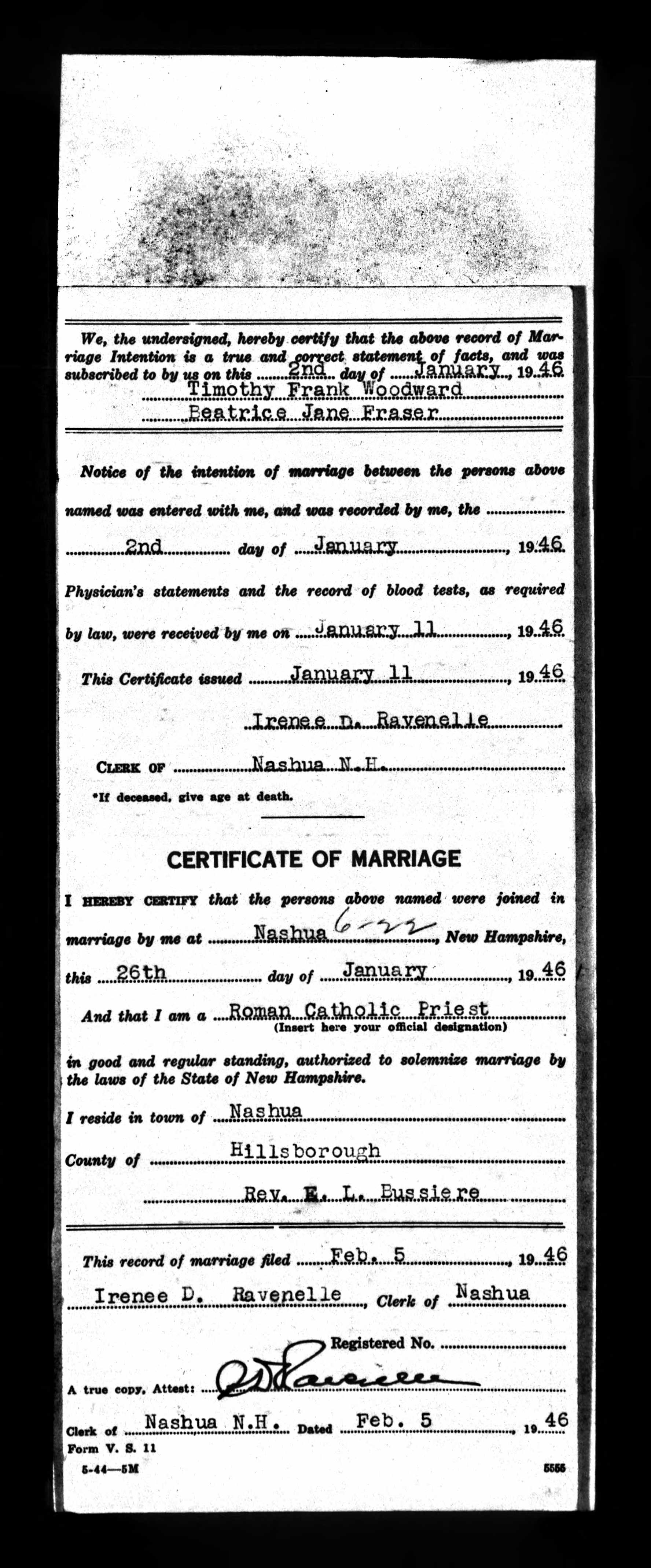 Enregistrement du mariage, verso
