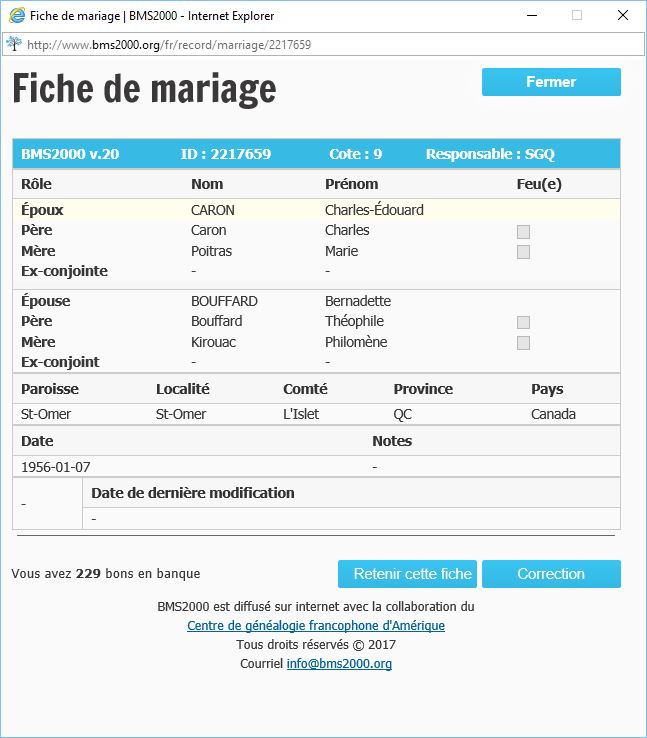 Fiche de mariage de la base de données BMS2000