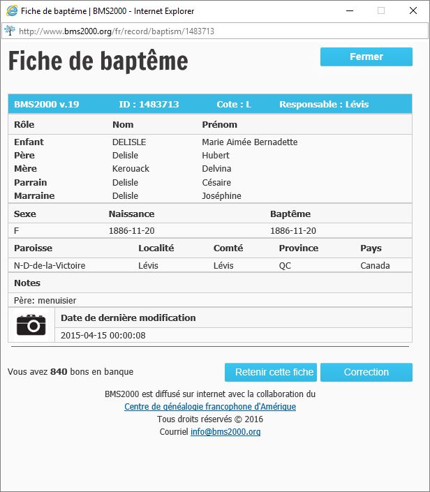Fiche de baptême de la base de données BMS2000
