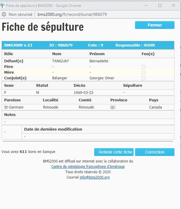 Fiche de sépulture de la base de données BMS2000
