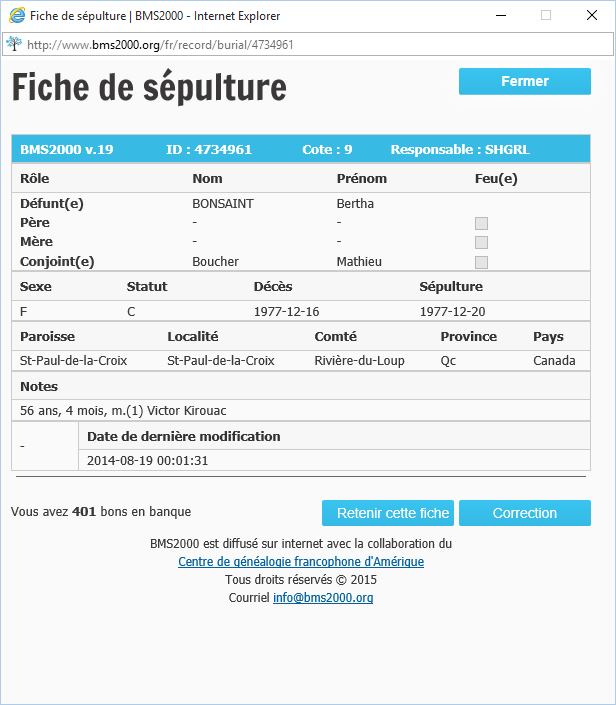 Fiche de sépulture de la base de données BMS2000