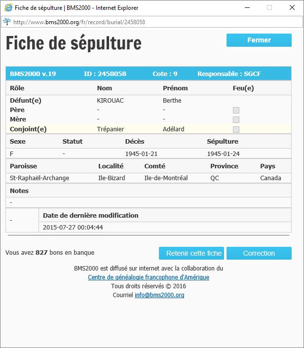 Fiche de sépulture de la base de données BMS2000
