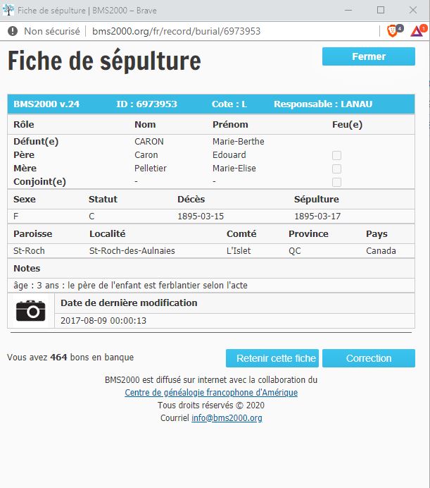 Fiche de sépulture de la base de données BMS2000