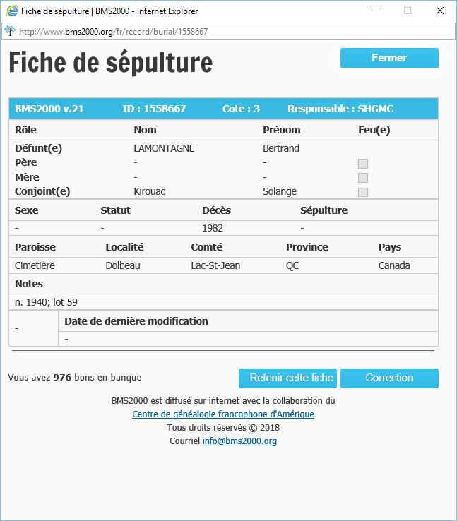 Fiche de sépulture de la base de données BMS2000