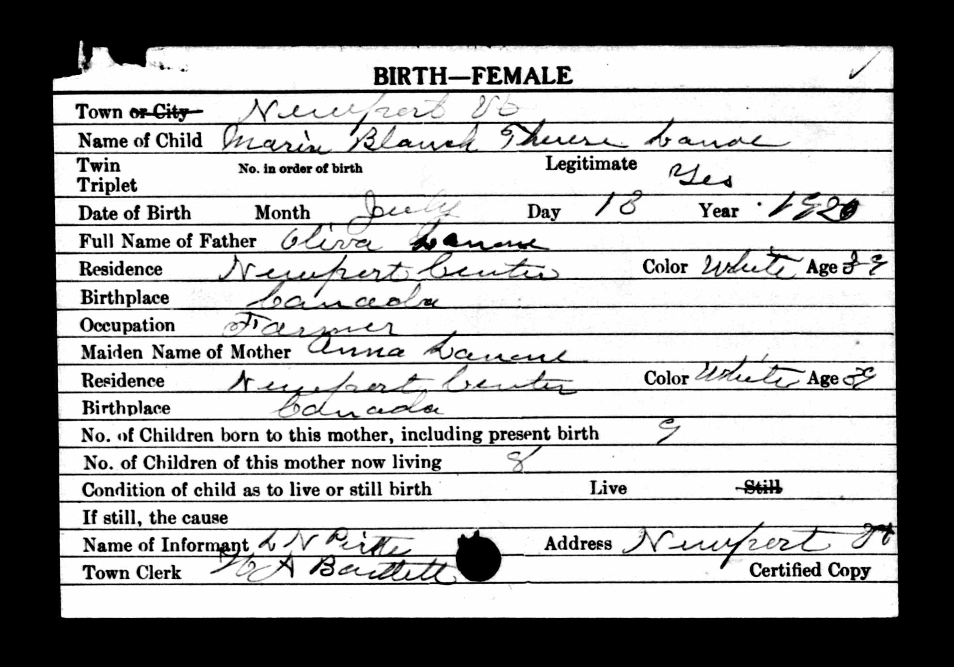 Enregistrement de la naissance