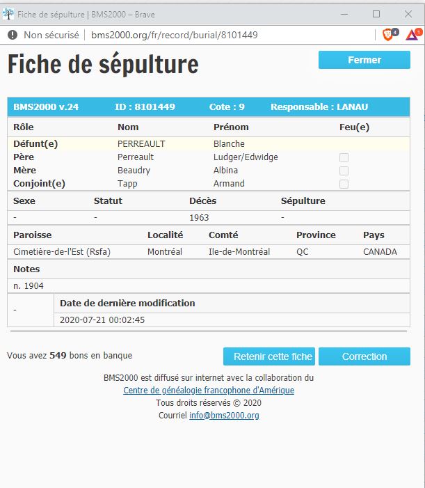 Fiche de sépulture de la base de données BMS2000