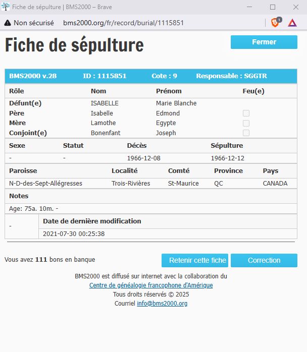 Fiche de sépulture de la base de données BMS2000