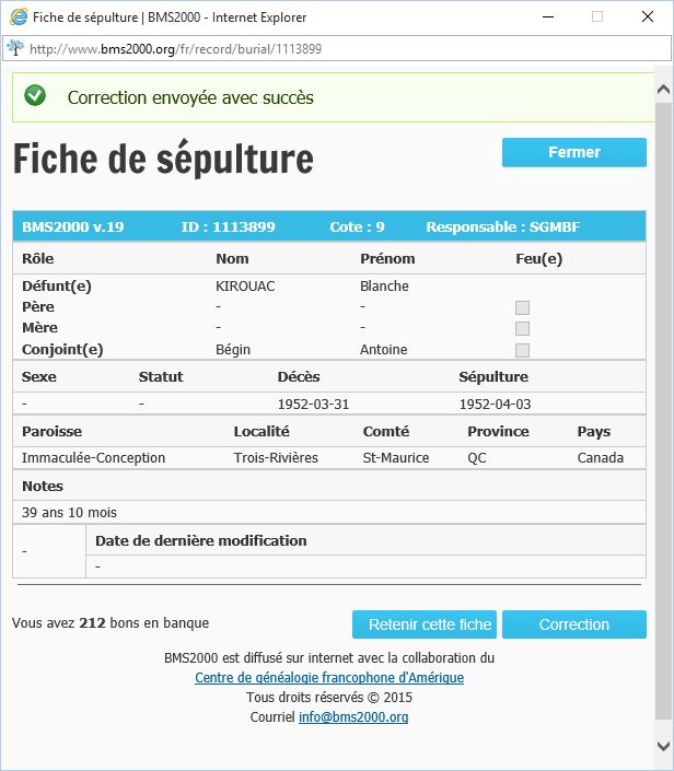 Fiche de sépulture de la base de données BMS2000